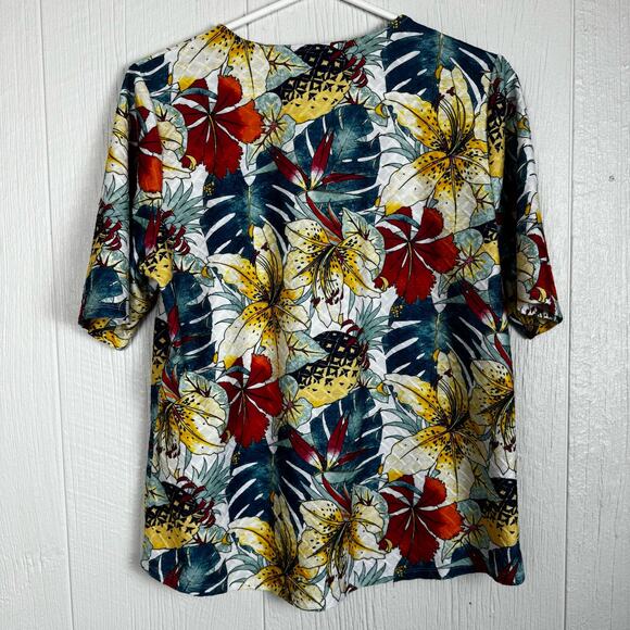 Chicos Tropical Printed Gauzy Textured Short Sleeve T Shirt Size 2 or US Size Lg - Picture 4 of 7